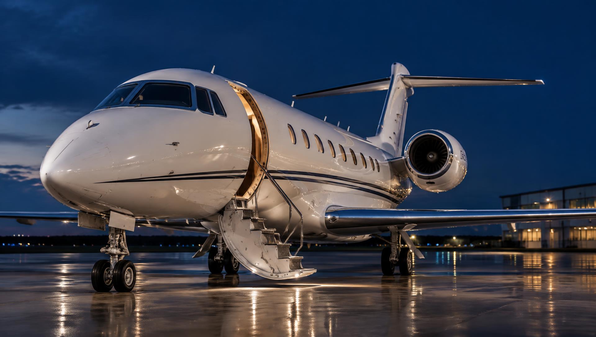 Freshly detailed private jet on an airport ramp at dusk